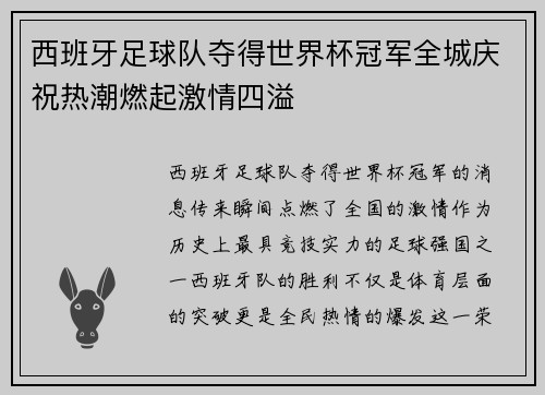 西班牙足球队夺得世界杯冠军全城庆祝热潮燃起激情四溢